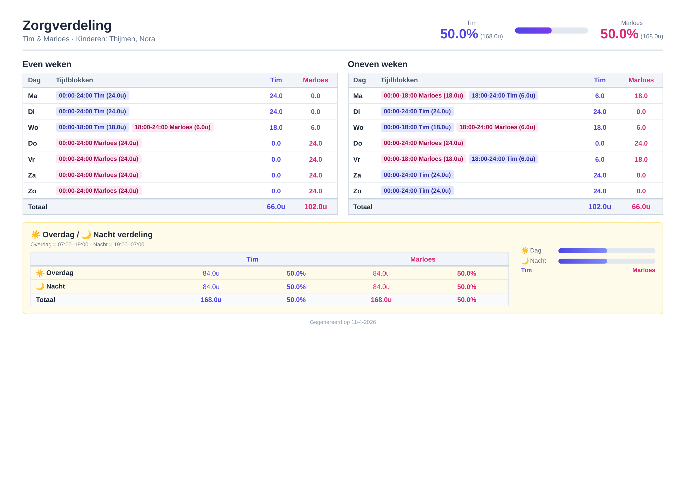 Zorgverdeling PDF export — overzicht van de zorgverdeling